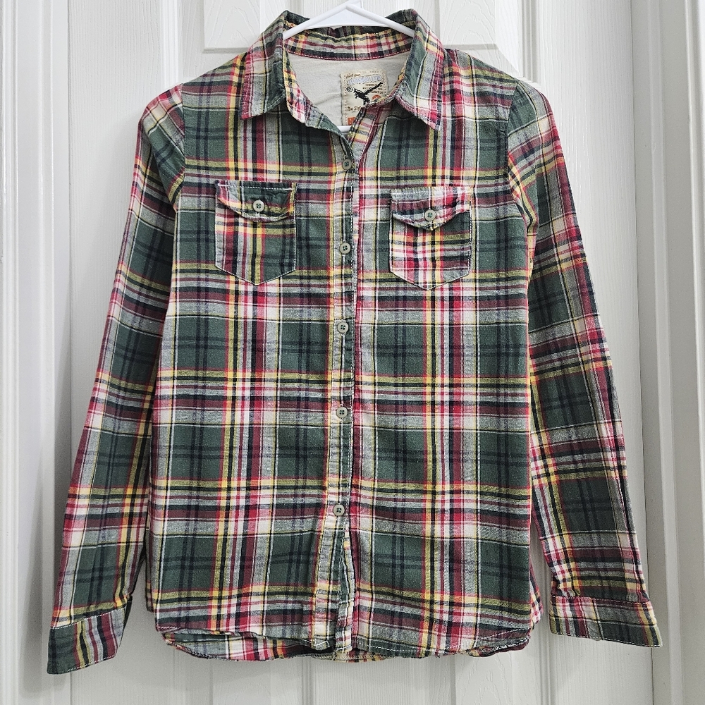 Womens Green & Red Plaid button-up Long Sleeve shirt - S